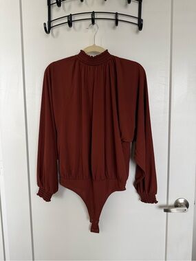 Express Rust Red Long Sleeve Smocked Neck Thong Bodysuit